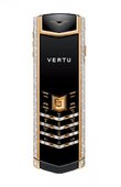 Vertu Телефоны Vertu Signature 002W4C1 Yellow Gold Full Pave Diamond Bezel Baguette Diamond Keys Black Ceramic Back Black Leather