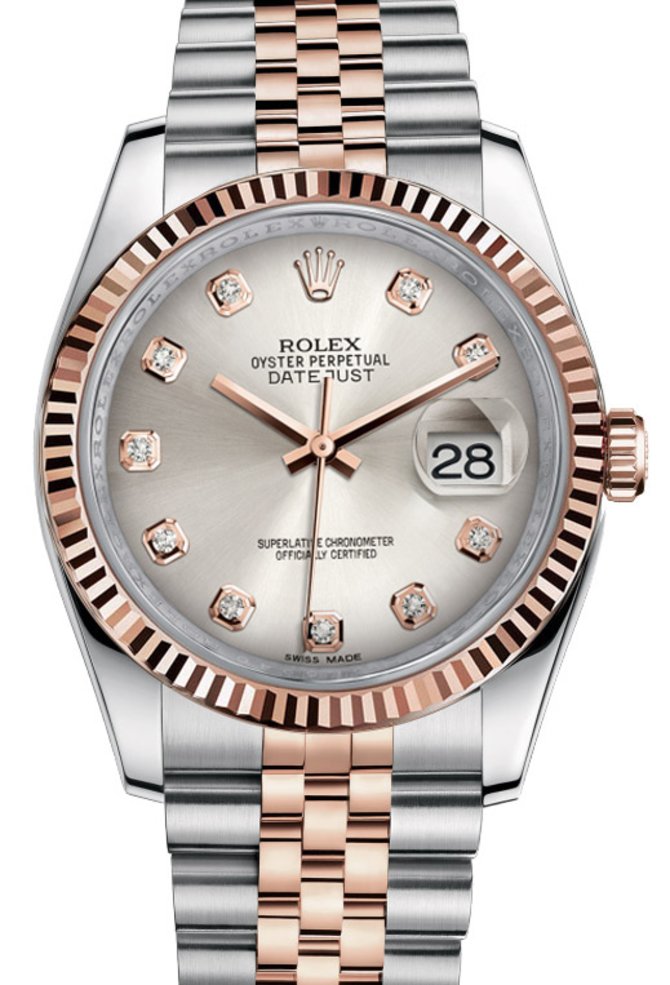 Rolex 116231 silver diamond dial Jubilee Datejust Steel and Gold Pink Gold - Fluted Bezel