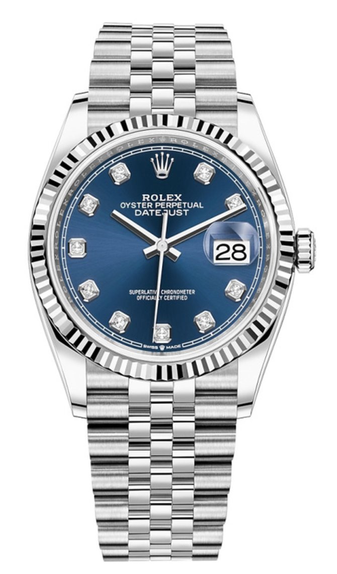 Rolex 126234 Blue set with diamonds Datejust White Rolesor Fluted Bezel Jubilee Bracelet