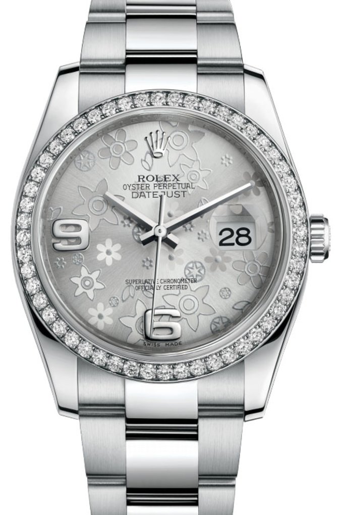 Rolex 116244 Silver Floral Datejust 36mm Steel and White Gold