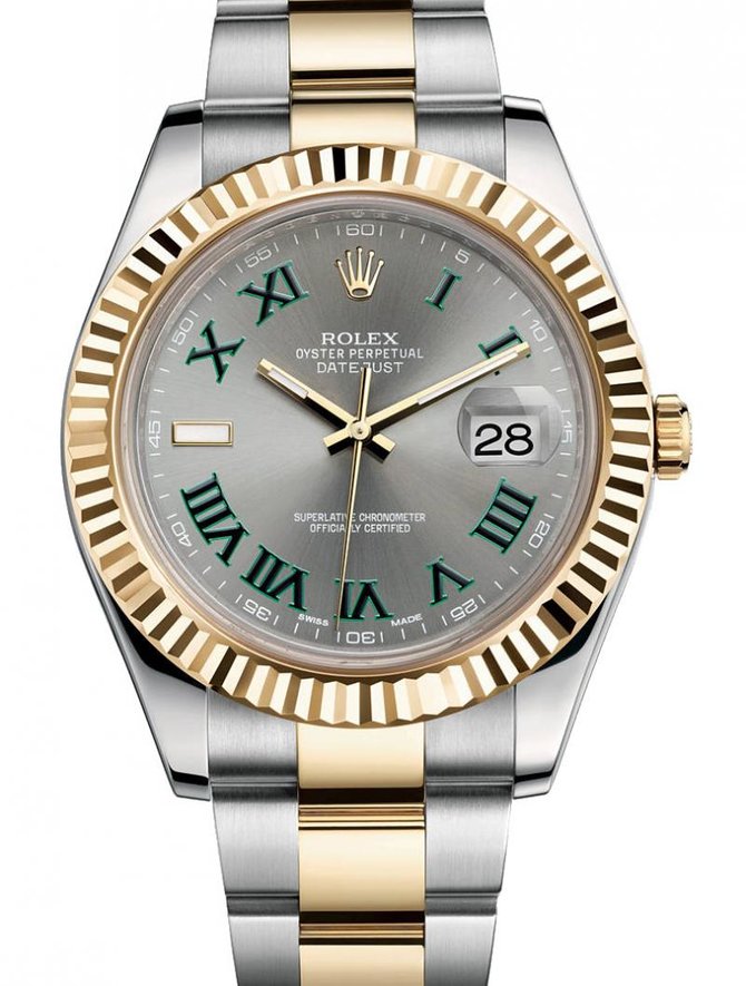 Rolex 116333 grey dial green Roman numerals Datejust II 41mm YG Steel