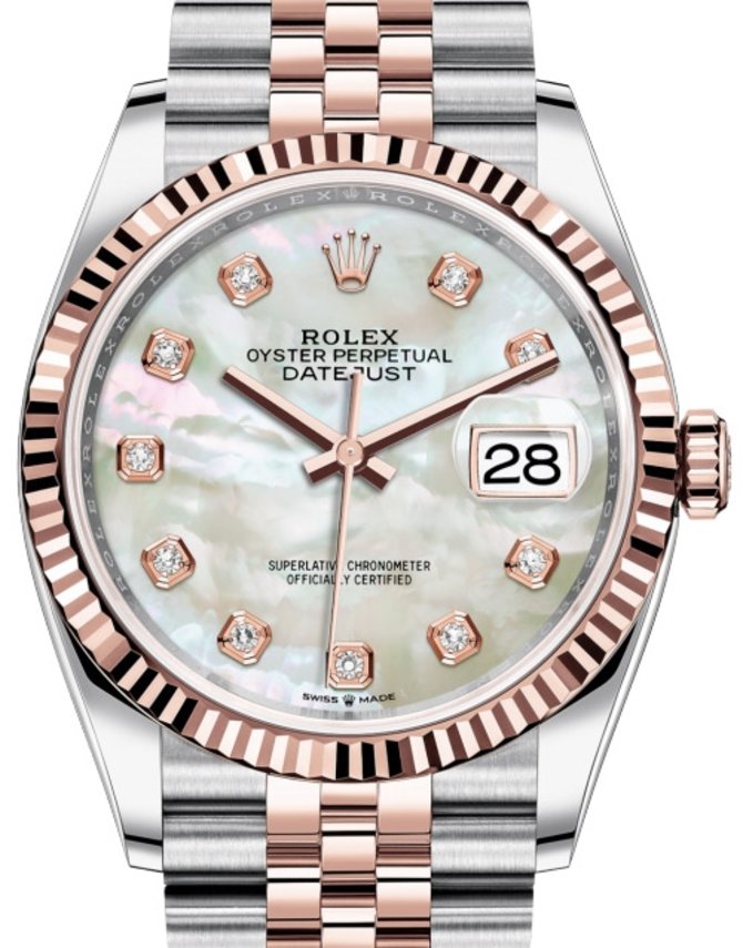 Rolex 126231 White mother-of-pearl set with diamonds Datejust Everose Rolesor Fluted Bezel Jubilee Bracelet