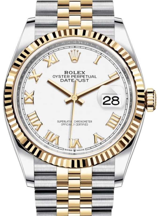 Rolex 126233 White Roman numeral Jubilee Datejust Ladies Yellow Rolesor Fluted Bezel Jubilee Bracelet