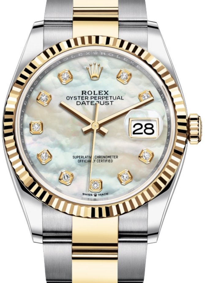 Rolex 126233 White mother-of-pearl set with diamonds Datejust Ladies Yellow Rolesor Fluted Bezel Oyster Bracelet