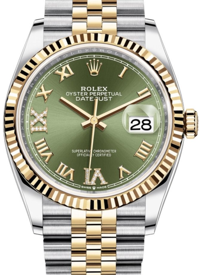 Rolex 126233 Olive green set with diamonds Jubilee Datejust Ladies Yellow Rolesor Fluted Bezel Jubilee Bracelet