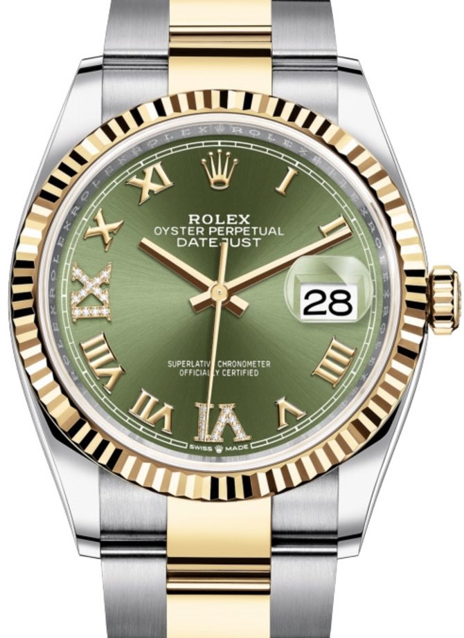 Rolex 126233 Olive green set with diamonds Datejust Ladies Yellow Rolesor Fluted Bezel Oyster Bracelet