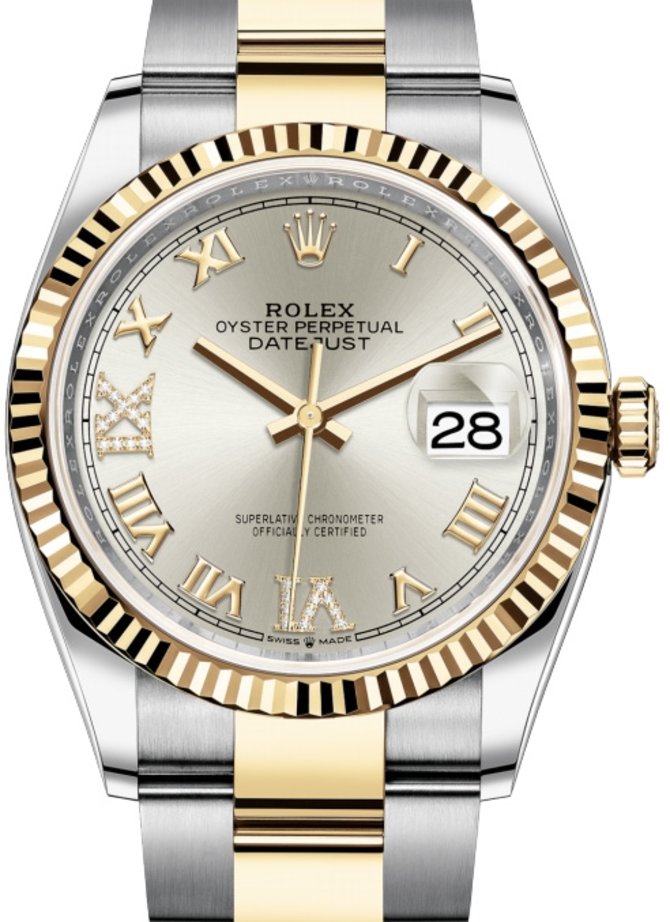 Rolex 126233 Silver set with diamonds Datejust Ladies Yellow Rolesor Fluted Bezel Oyster Bracelet