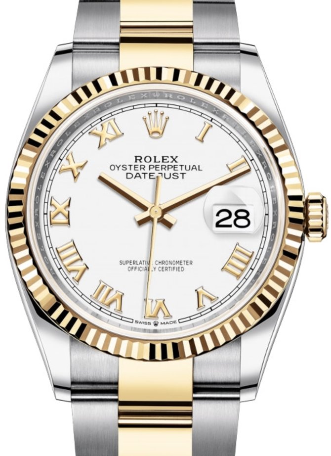 Rolex 126233 White Roman numeral Datejust Ladies Yellow Rolesor Fluted Bezel Oyster Bracelet