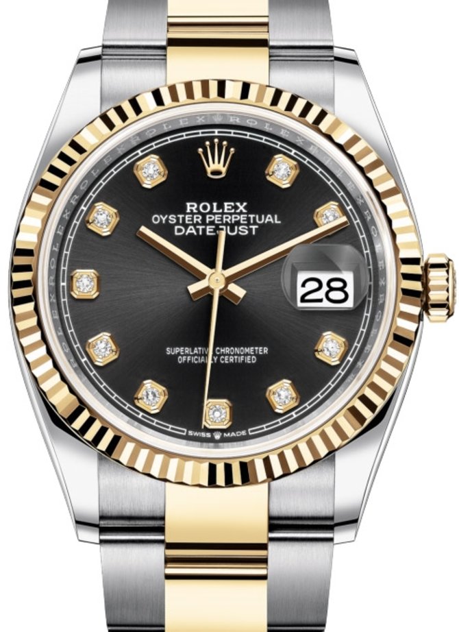 Rolex 126233 Black set with diamonds Datejust Ladies Yellow Rolesor Fluted Bezel Oyster Bracelet