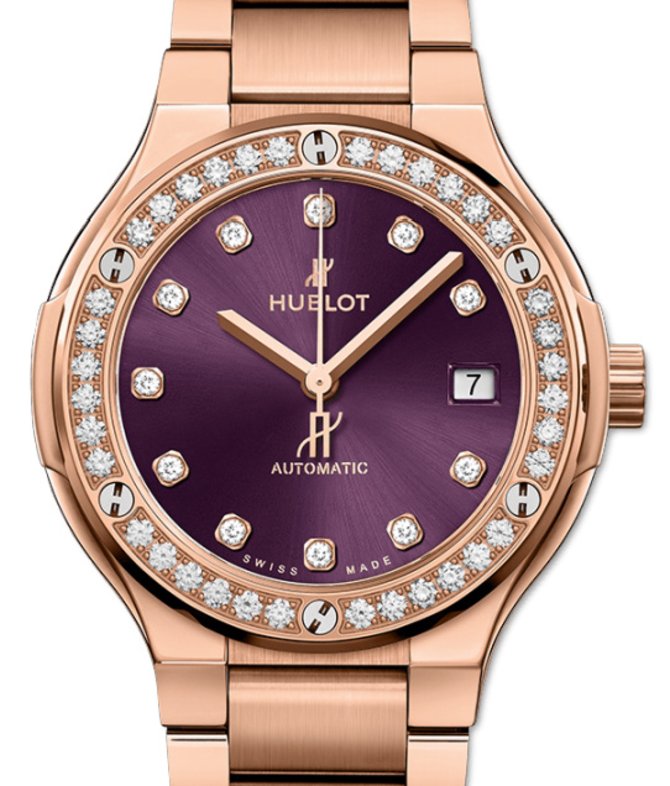 Hublot 568.OX.898V.OX.1204 Classic Fusion 38 mm King Gold Purple Diamonds Bracelet