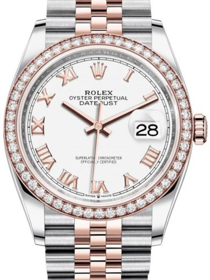 Rolex 126281RBR White Roman numerals Datejust Everose Rolesor Set with Diamonds Bezel Jubilee Bracelet