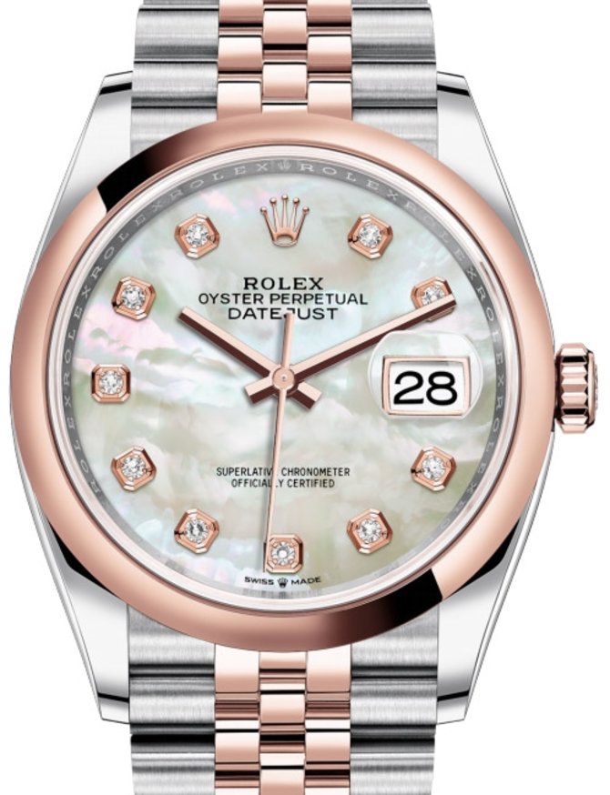 Rolex 126201 White mother-of-pearl set with diamonds J Datejust Ladies 36 Everose Rolesor Domed Bezel Jubilee Bracelet